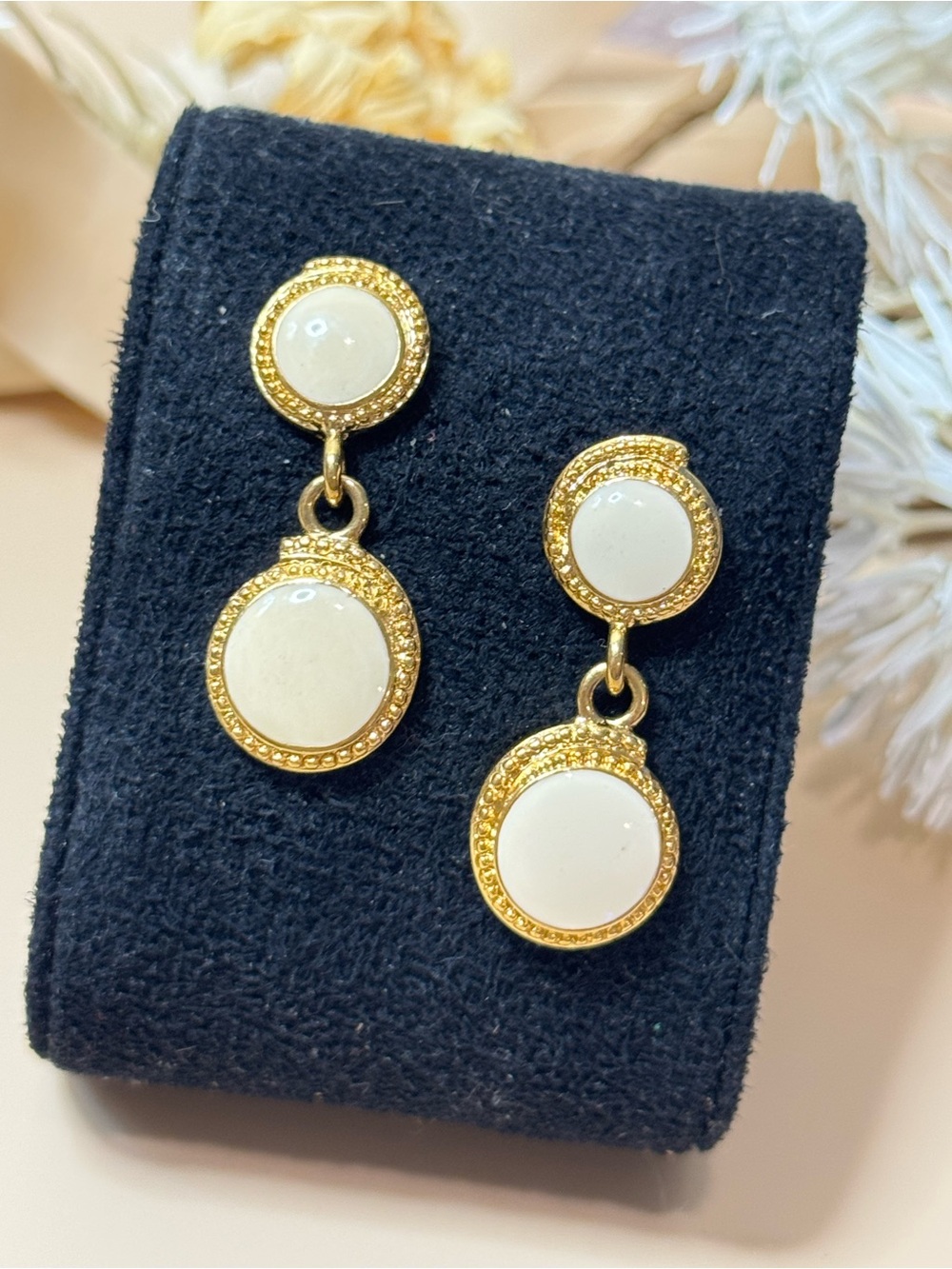 Trifari Gold Tone White Cabochon Double Drop Dangle Earrings